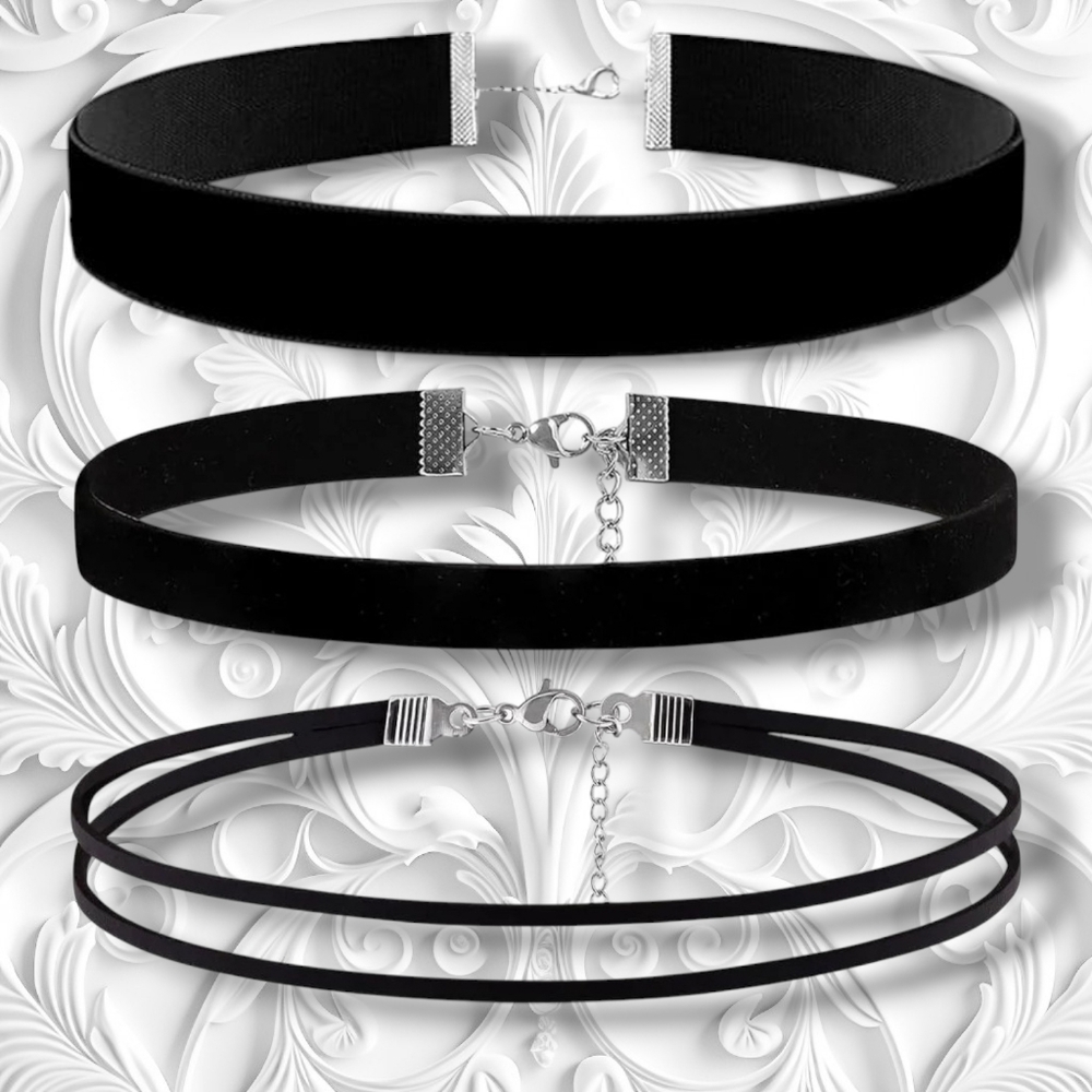 NWT Goth Punk Set of 3 Black Leather Choker Necklaces